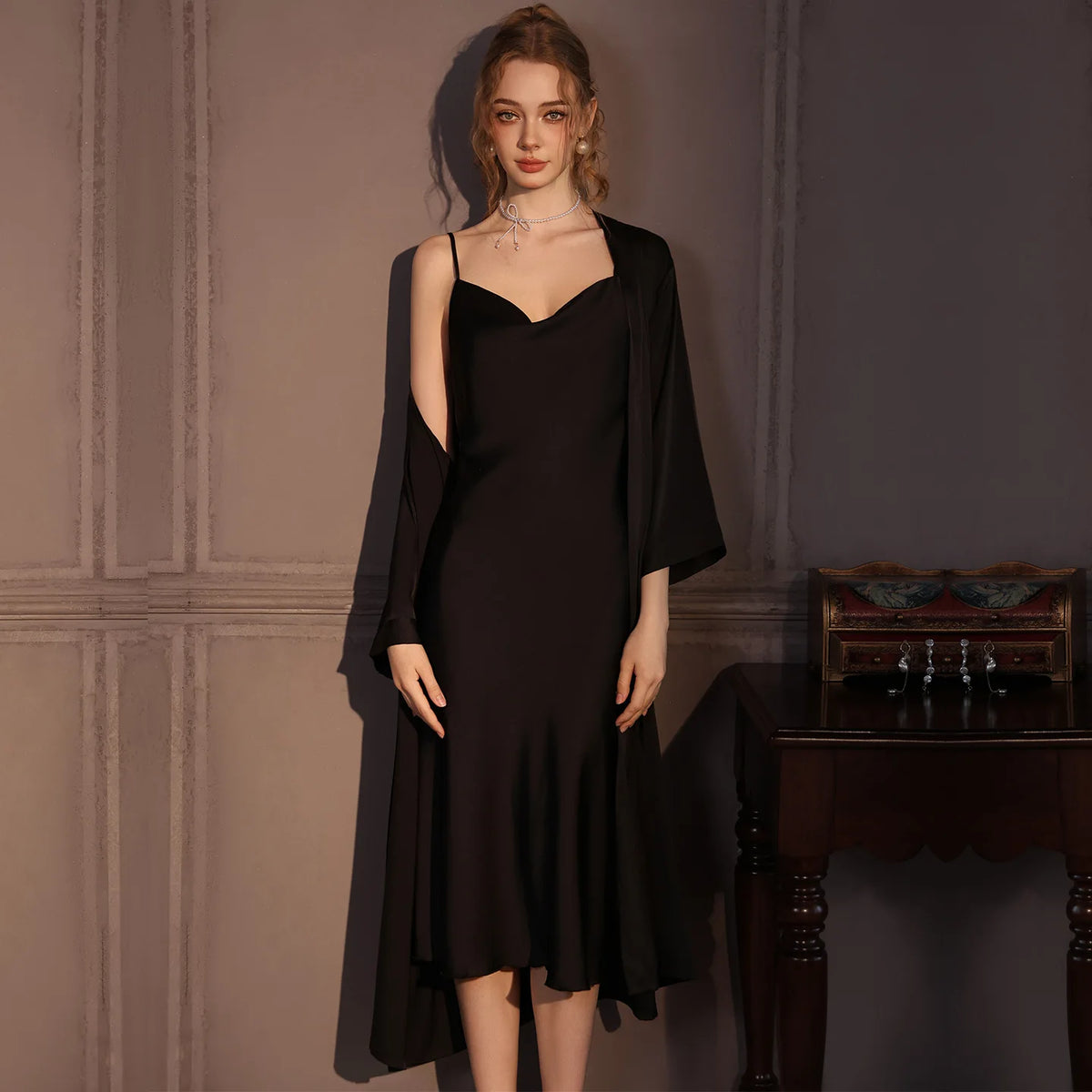Elegant Female Twinset Robe Set Long Kimono Bathrobe Gown Sexy Lace Nightgown Lingerie Spring Autumn New Sleepwear Home Dress