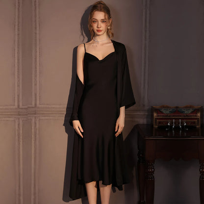 Elegant Female Twinset Robe Set Long Kimono Bathrobe Gown Sexy Lace Nightgown Lingerie Spring Autumn New Sleepwear Home Dress