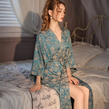 Luxury Jacquard Long Robe Nightgown Women Half Sleeve Kimono Bathrobe Gown Satin Ice Silk Sleepwear Sexy Home Dress Lounge Wear