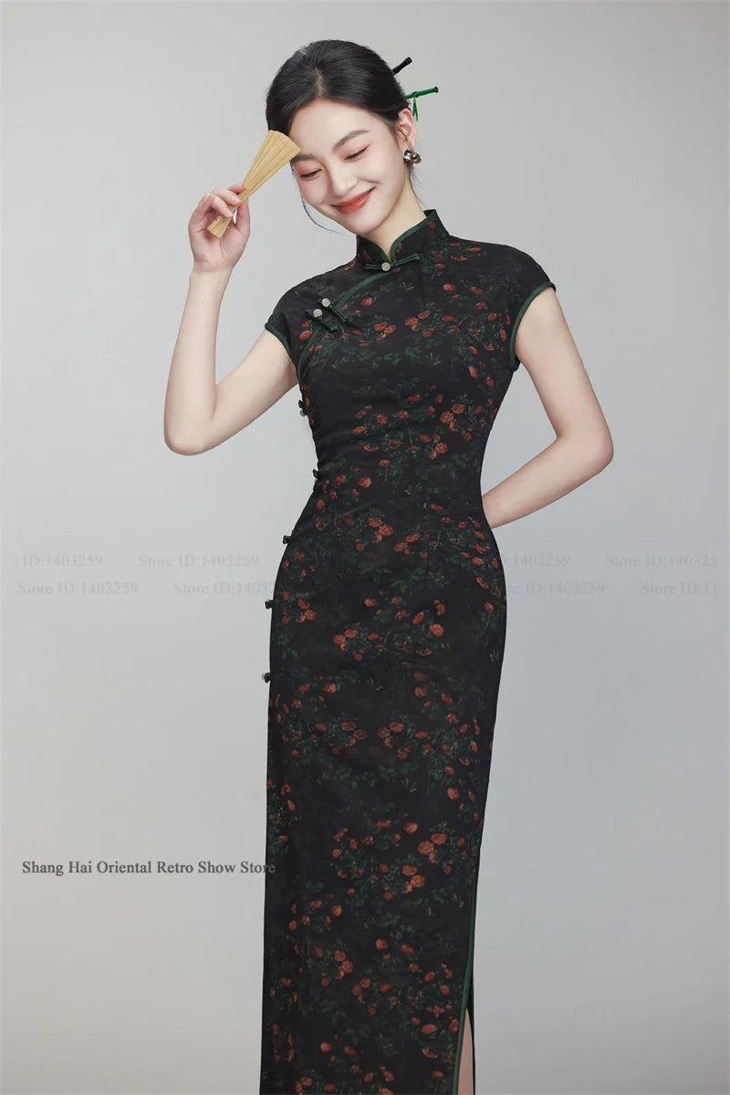 Female Print Flower Long Cheongsam Chinese Dress Elegant Vintage Mandarin Collar Qipao Hanfu Dress New Year Festival Party Wear