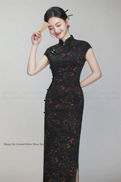 Female Print Flower Long Cheongsam Chinese Dress Elegant Vintage Mandarin Collar Qipao Hanfu Dress New Year Festival Party Wear