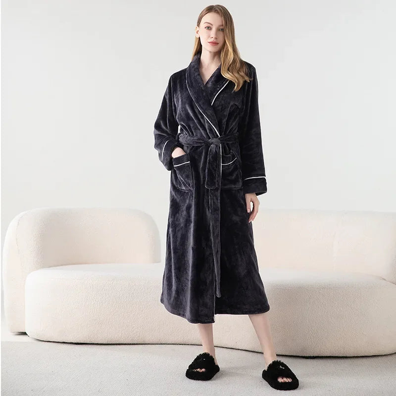 Autumn Winter Women's Sleepwear Thicken Flannel Couple Long Robe Kimono Bathrobe Gown Loungewear Loose Coral Fleece Home Wear