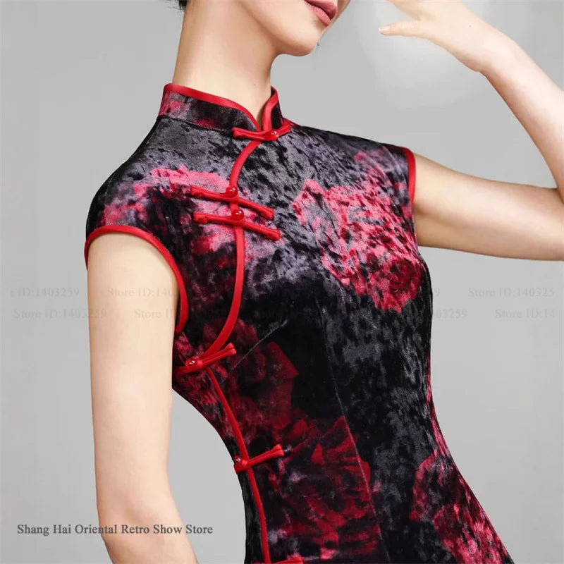 Vintage Women Velvet Cheongsam Improved Plus Size Dress Chinese Traditional Evening Dresses Female Sexy Long Qipao Costume 3XL
