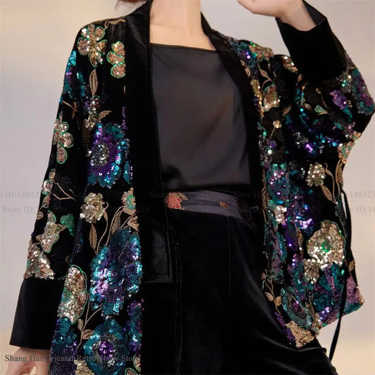 Luxury High-Quality Tang Clothes Jacket Traditional Chinese Qipao Top Hanfu Cardigan Retro Sequin Women's Coat Trendy Outwear