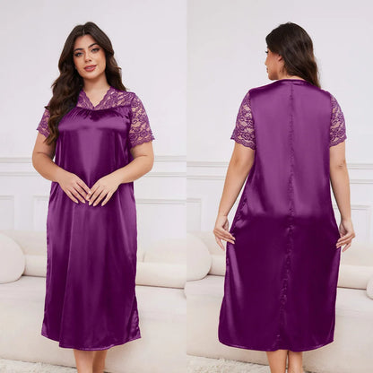 Large Size 3XL 4XL 5XL Long Nightgown Spring Summer New Female Sleepwear Loungewear Sexy Frill Lace Nightdress Ice Silk Homewear