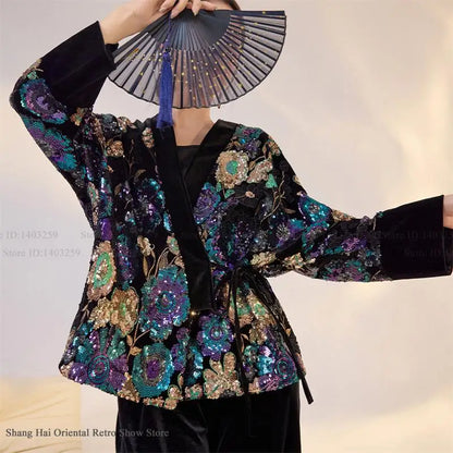 Luxury High-Quality Tang Clothes Jacket Traditional Chinese Qipao Top Hanfu Cardigan Retro Sequin Women's Coat Trendy Outwear