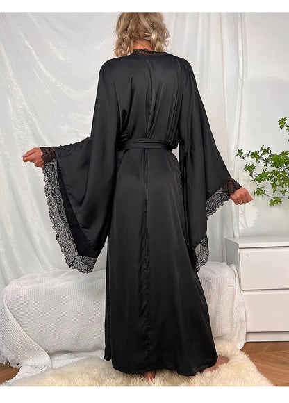 Sexy Lace Kimono Bathrobe Gown Ice Silk Women Long Robe Dress Nightgown Spring New Sleepwear Nightwear Loose Homewear Loungewear