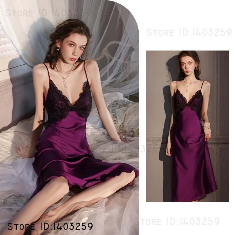 Sexy Female Long Robe Nightgown Set Kimono Bathrobe Gown Patchwork Lace Suspender Night Dress Sleepwear Loose Satin Homewear