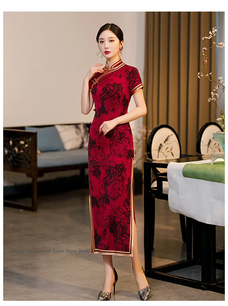 Traditional Chinese Long Cheongsam Plus Size Print Flower Chinese Dress Sexy Slim Split Qipao Novelty Party Evening Party Dress