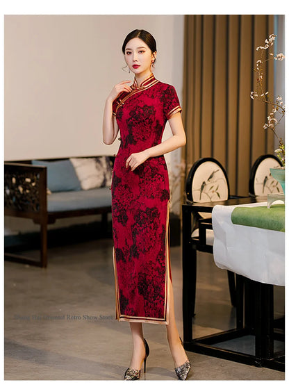 Traditional Chinese Long Cheongsam Plus Size Print Flower Chinese Dress Sexy Slim Split Qipao Novelty Party Evening Party Dress