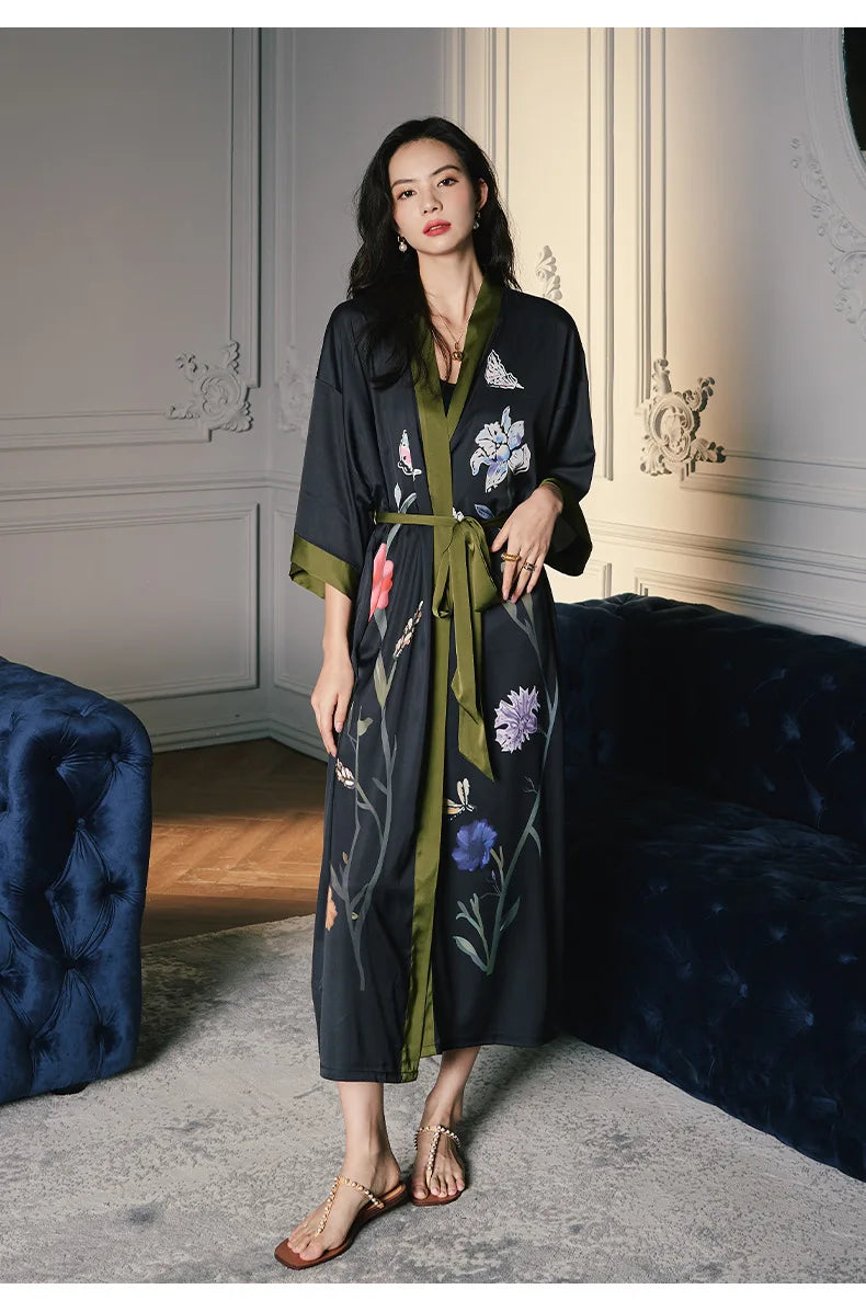 Black Print Flower Long Robe Nightgown Spring Summer Half Sleeve Kimono Bathrobe Gown Women Sexy Rayon Home Dress Loungewear