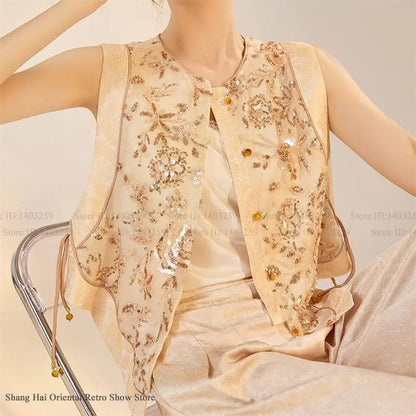 New Chinese Style Women Vest Traditional Tang Clothes Qipao Tops Luxury Sequin Bead Waistcoat Jacket Sexy Sleeveless Blouse Coat