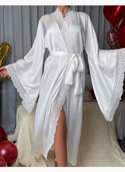 Sexy Lace Kimono Bathrobe Gown Ice Silk Women Long Robe Dress Nightgown Spring New Sleepwear Nightwear Loose Homewear Loungewear