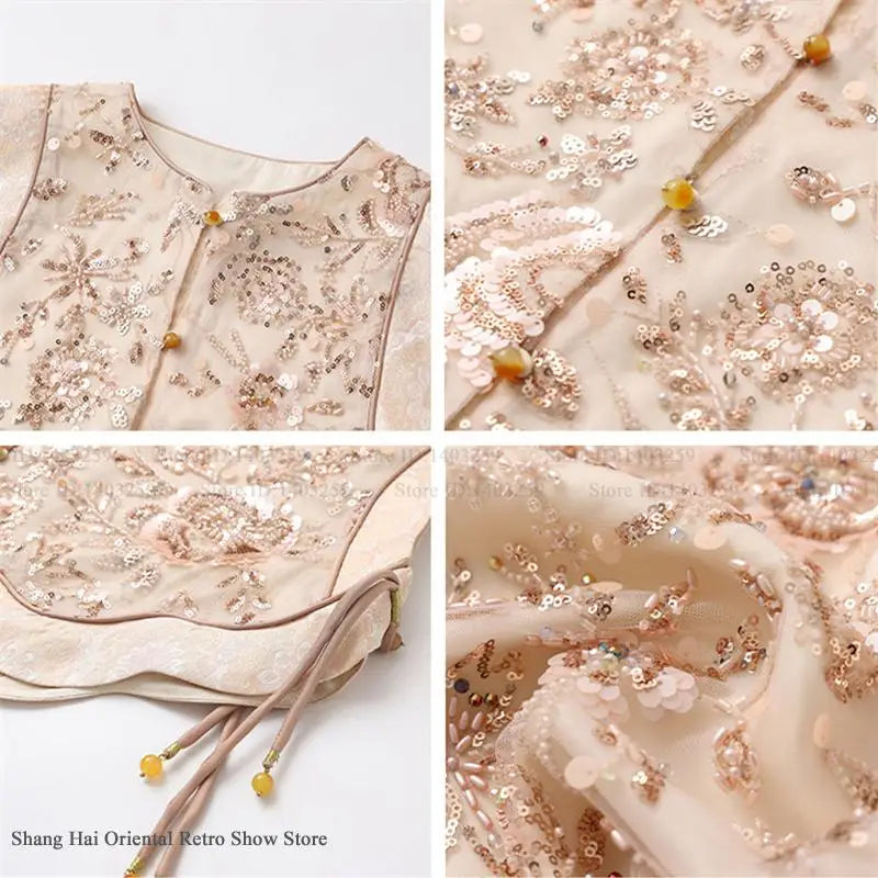 New Chinese Style Women Vest Traditional Tang Clothes Qipao Tops Luxury Sequin Bead Waistcoat Jacket Sexy Sleeveless Blouse Coat