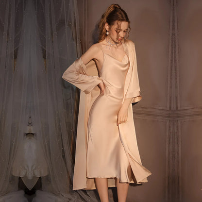 Elegant Female Twinset Robe Set Long Kimono Bathrobe Gown Sexy Lace Nightgown Lingerie Spring Autumn New Sleepwear Home Dress