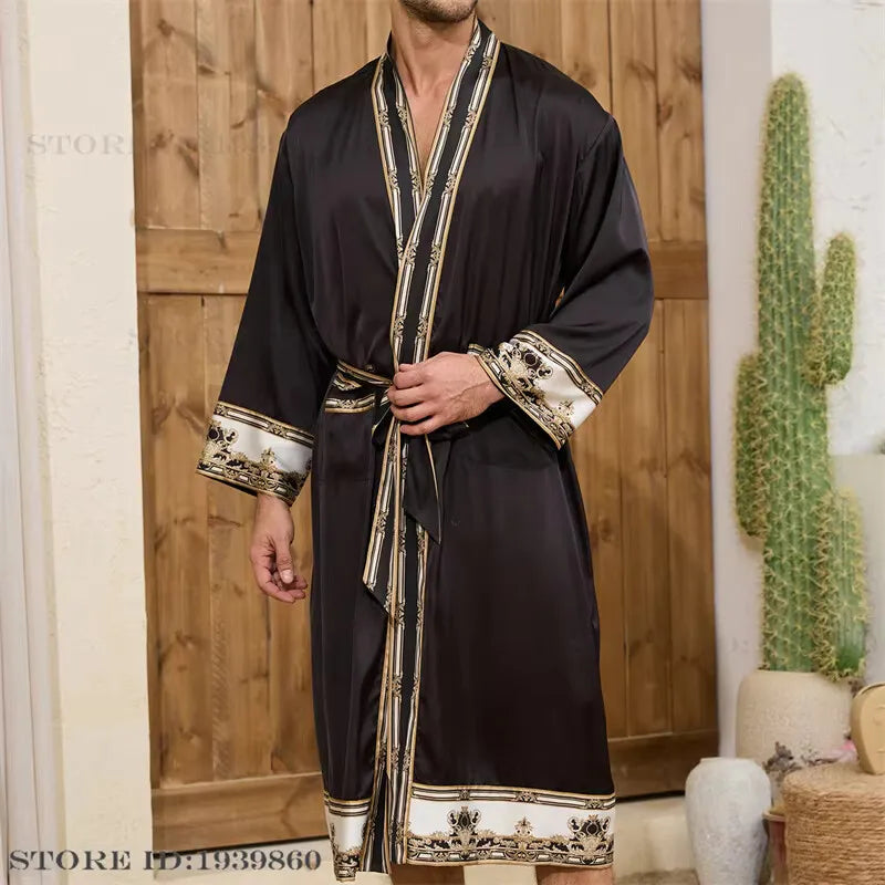 Spring New Men Robe Kimono Bathrobe Gown Baroque Style Silk Satin Sleepwear Home Clothes Loose Casual Loungewear Nightwear