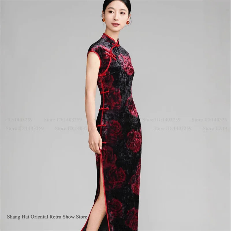 Vintage Women Velvet Cheongsam Improved Plus Size Dress Chinese Traditional Evening Dresses Female Sexy Long Qipao Costume 3XL
