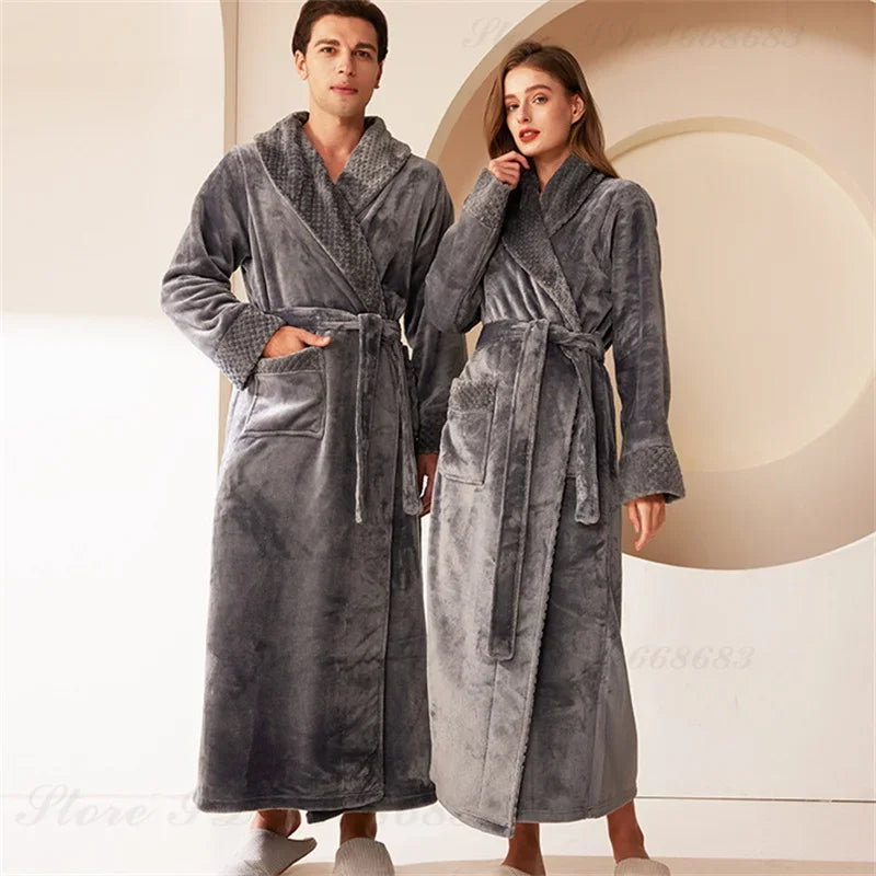 Autumn Winter Coral Fleece Sleepwear Thicken Warm Flannel Couple's Long Robe Men's Kimono Bathrobe Gown Home Clothes Lounge Wear