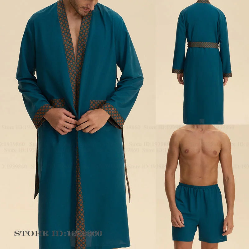 Baroque Style Men's Long Robe Set Pajamas Silky Satin Print Kimono Gown Bathrobe Shorts Pijamas Suit Loose Homewear Lounge Wear