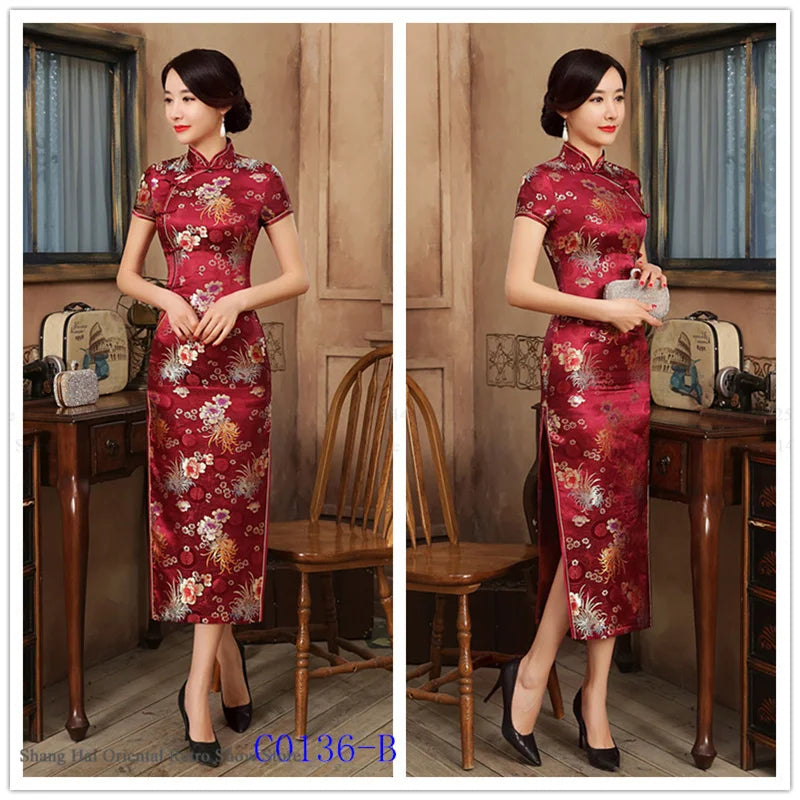 Traditional Satin Long Green Cheongsam Vintage Chinse Style Women's Vestido Dress Summer Jacquard Short Sleeve Qipao Asian Dress