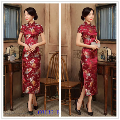 Traditional Satin Long Green Cheongsam Vintage Chinse Style Women's Vestido Dress Summer Jacquard Short Sleeve Qipao Asian Dress