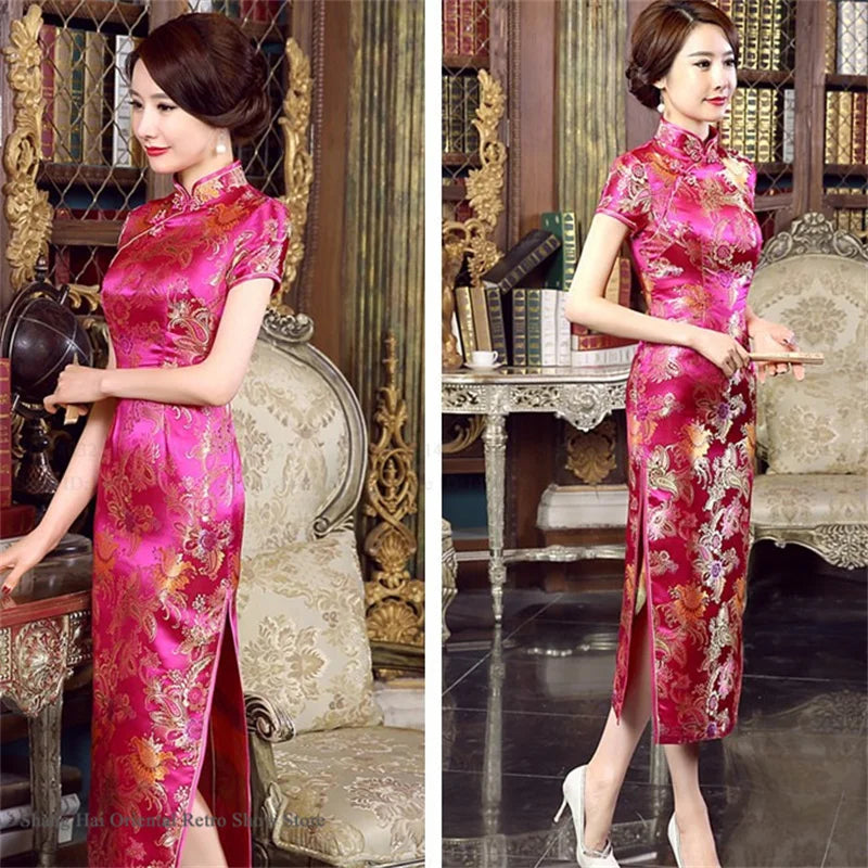 Traditional Satin Long Green Cheongsam Vintage Chinse Style Women's Vestido Dress Summer Jacquard Short Sleeve Qipao Asian Dress