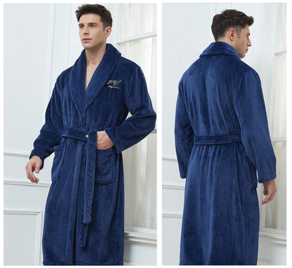 Winter Autumn Thicken Lapel Kimono Shower Robe Men's Warm Flannel Bathrobe Sleepwear with Pocket Loungewear Plus Size 3Xl 4Xl