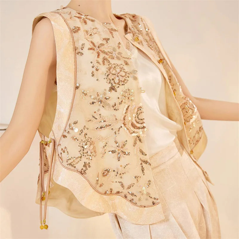 New Chinese Style Women Vest Traditional Tang Clothes Qipao Tops Luxury Sequin Bead Waistcoat Jacket Sexy Sleeveless Blouse Coat