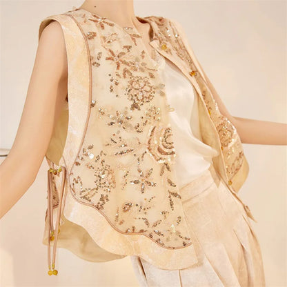 New Chinese Style Women Vest Traditional Tang Clothes Qipao Tops Luxury Sequin Bead Waistcoat Jacket Sexy Sleeveless Blouse Coat
