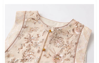 New Chinese Style Women Vest Traditional Tang Clothes Qipao Tops Luxury Sequin Bead Waistcoat Jacket Sexy Sleeveless Blouse Coat
