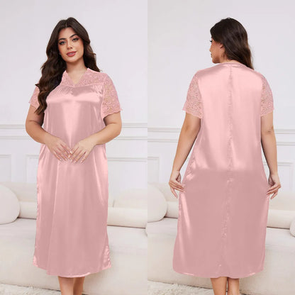 Large Size 3XL 4XL 5XL Long Nightgown Spring Summer New Female Sleepwear Loungewear Sexy Frill Lace Nightdress Ice Silk Homewear