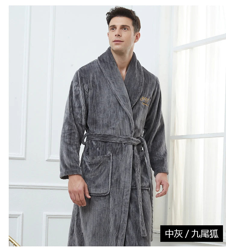 Winter Autumn Thicken Lapel Kimono Shower Robe Men's Warm Flannel Bathrobe Sleepwear with Pocket Loungewear Plus Size 3Xl 4Xl