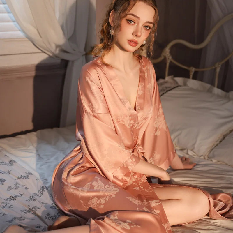 Luxury Jacquard Long Robe Nightgown Women Half Sleeve Kimono Bathrobe Gown Satin Ice Silk Sleepwear Sexy Home Dress Lounge Wear