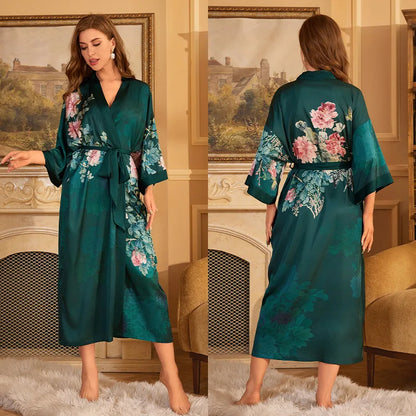 Female Long Robe Chinese Style Print Flower Sleepwear Nightgown Half Sleeve Kimono Bathrobe Gown Loose Casual Satin Home Wear