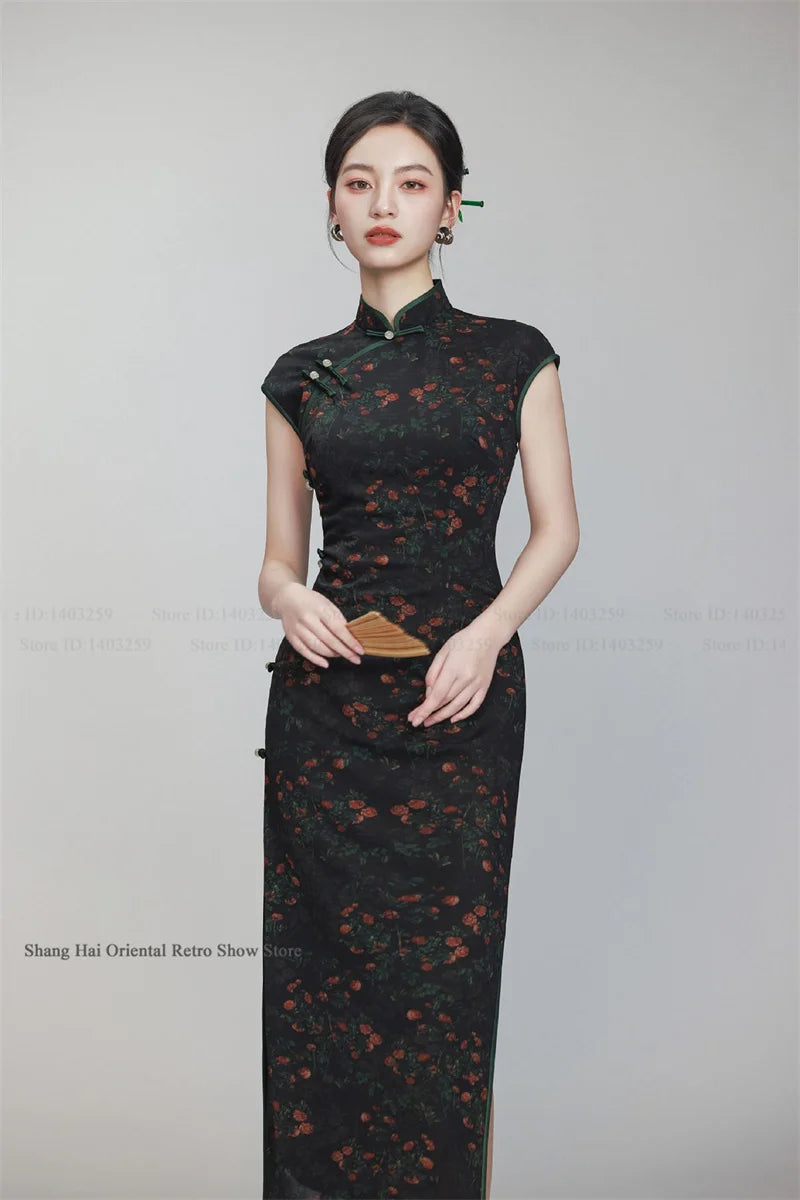 Female Print Flower Long Cheongsam Chinese Dress Elegant Vintage Mandarin Collar Qipao Hanfu Dress New Year Festival Party Wear