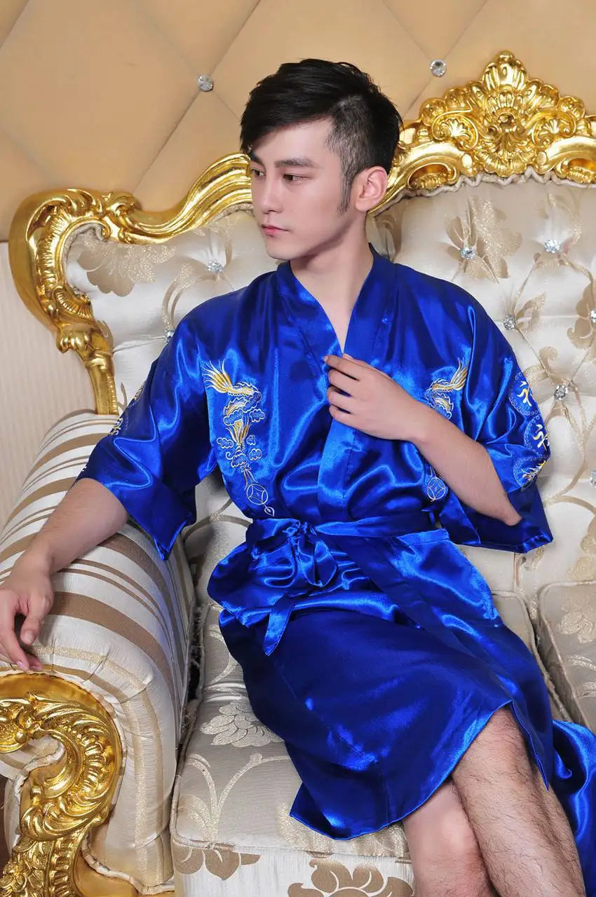 Embroider Dragon Kimono Bathrobe Gown Chinese Style Robe Classical Man Homewear Long Satin Nightgown Loose Sleepwear Loungewear