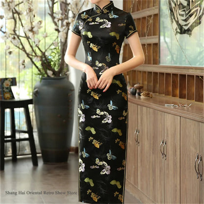 Traditional Satin Long Green Cheongsam Vintage Chinse Style Women's Vestido Dress Summer Jacquard Short Sleeve Qipao Asian Dress