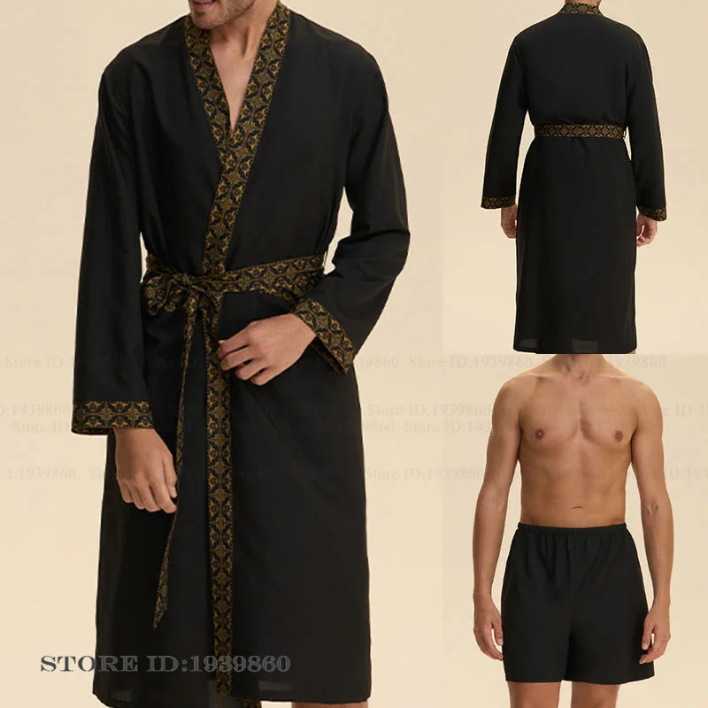 Baroque Style Men's Long Robe Set Pajamas Silky Satin Print Kimono Gown Bathrobe Shorts Pijamas Suit Loose Homewear Lounge Wear
