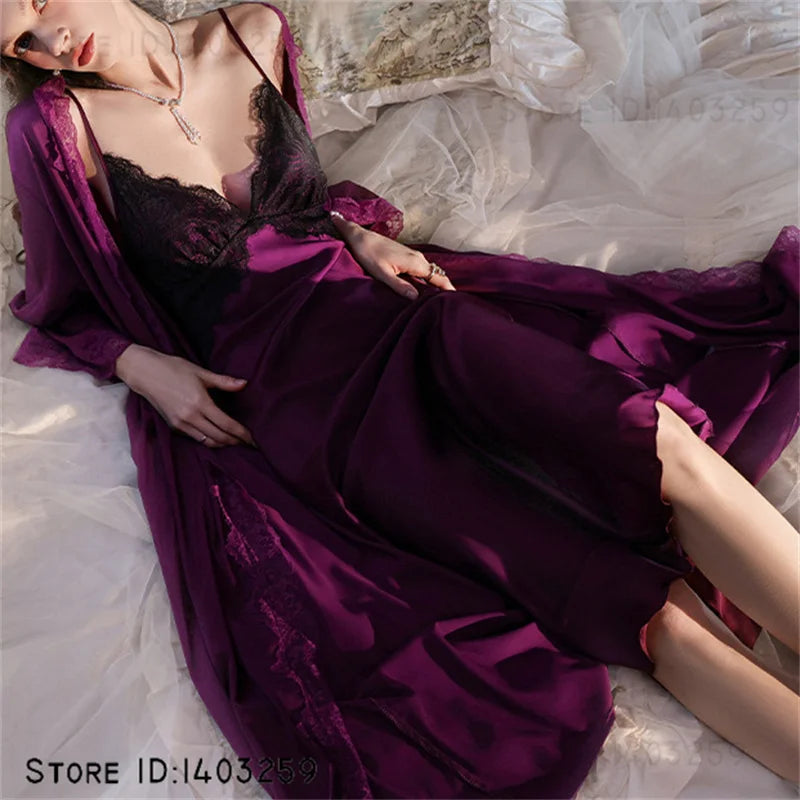 Sexy Female Long Robe Nightgown Set Kimono Bathrobe Gown Patchwork Lace Suspender Night Dress Sleepwear Loose Satin Homewear