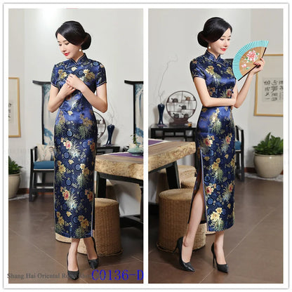 Traditional Satin Long Green Cheongsam Vintage Chinse Style Women's Vestido Dress Summer Jacquard Short Sleeve Qipao Asian Dress