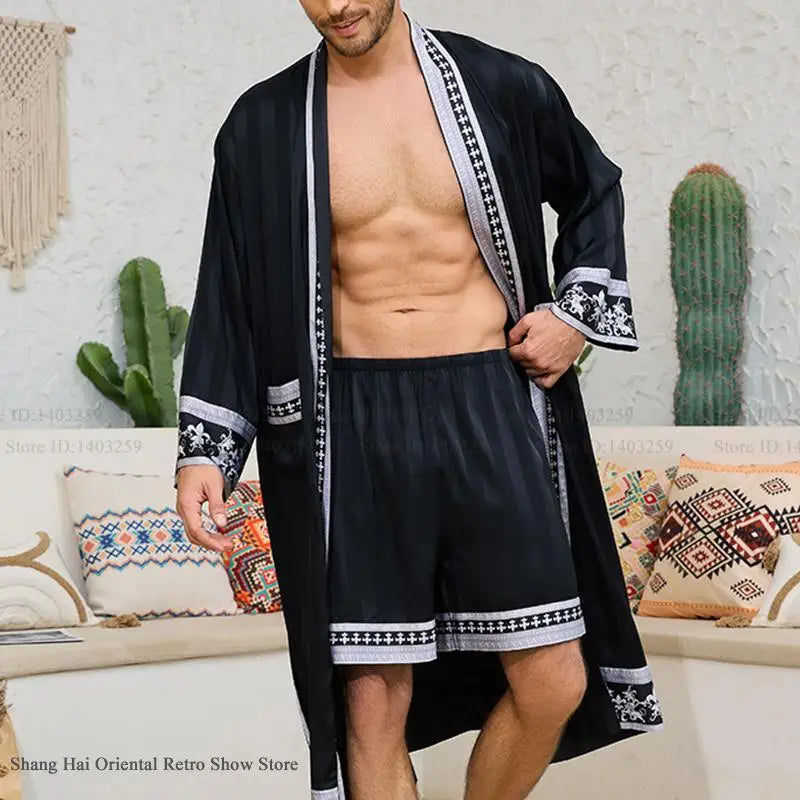 Spring New Men Robe Kimono Bathrobe Gown Baroque Style Silk Satin Sleepwear Home Clothes Loose Casual Loungewear Nightwear