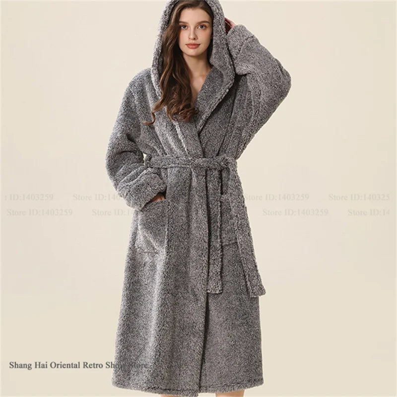 Thick Coral Fleece Coupe Hooded Bathrobe Sleepwear Autumn Winter Warm Long Robe Home Clothing Casual Flannel Loungewear Pajama