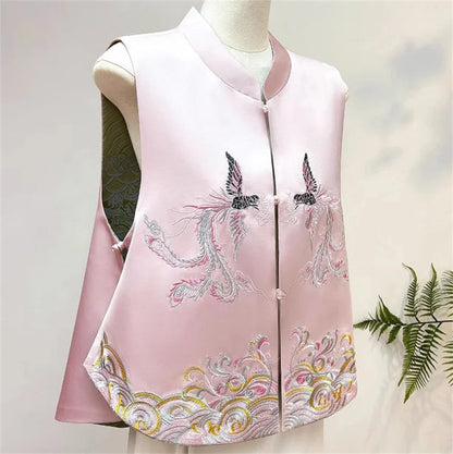 New Chinese Style Tang Clothes Women Tops Jacquard Embroidery Phoenix Qipao Vest Outwear Vintage Hanfu Waistcoat Jacket Big Size