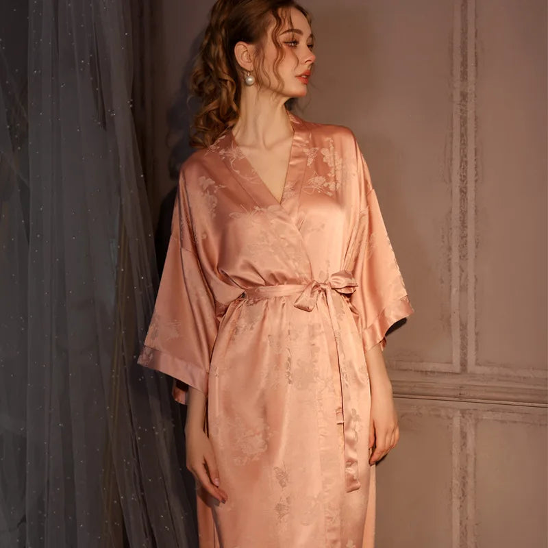 Luxury Jacquard Long Robe Nightgown Women Half Sleeve Kimono Bathrobe Gown Satin Ice Silk Sleepwear Sexy Home Dress Lounge Wear