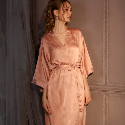 Luxury Jacquard Long Robe Nightgown Women Half Sleeve Kimono Bathrobe Gown Satin Ice Silk Sleepwear Sexy Home Dress Lounge Wear