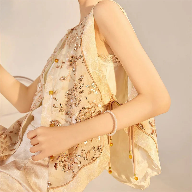New Chinese Style Women Vest Traditional Tang Clothes Qipao Tops Luxury Sequin Bead Waistcoat Jacket Sexy Sleeveless Blouse Coat