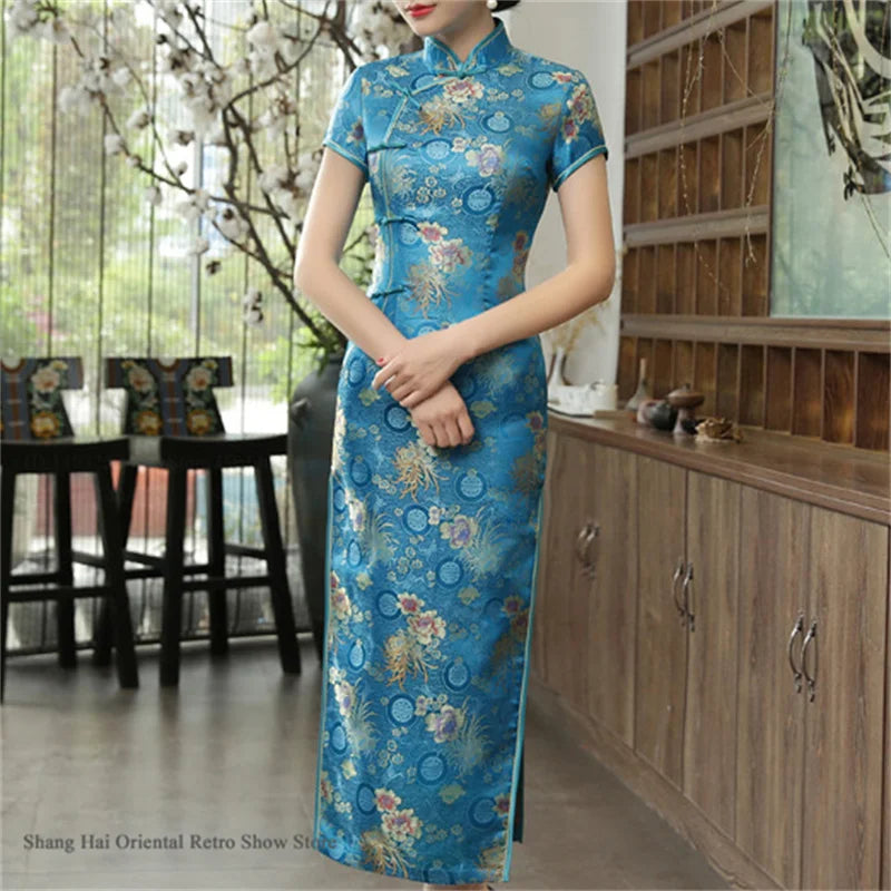 Traditional Satin Long Green Cheongsam Vintage Chinse Style Women's Vestido Dress Summer Jacquard Short Sleeve Qipao Asian Dress