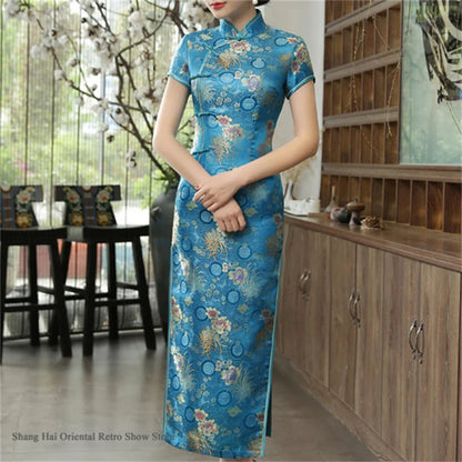 Traditional Satin Long Green Cheongsam Vintage Chinse Style Women's Vestido Dress Summer Jacquard Short Sleeve Qipao Asian Dress