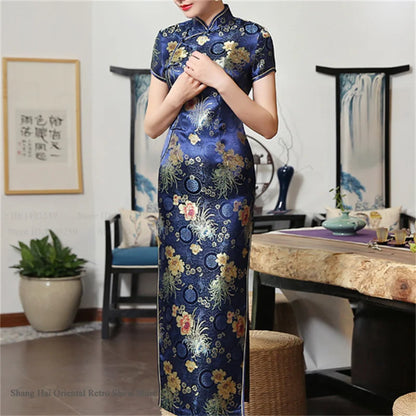 Traditional Satin Long Green Cheongsam Vintage Chinse Style Women's Vestido Dress Summer Jacquard Short Sleeve Qipao Asian Dress