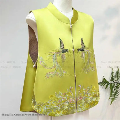 New Chinese Style Tang Clothes Women Tops Jacquard Embroidery Phoenix Qipao Vest Outwear Vintage Hanfu Waistcoat Jacket Big Size